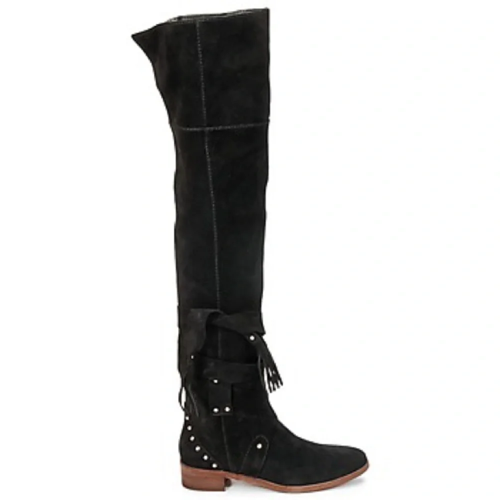 See By Chloe Dasha Suede Black Over the Knee Block Heel Boots Size 5 NEW